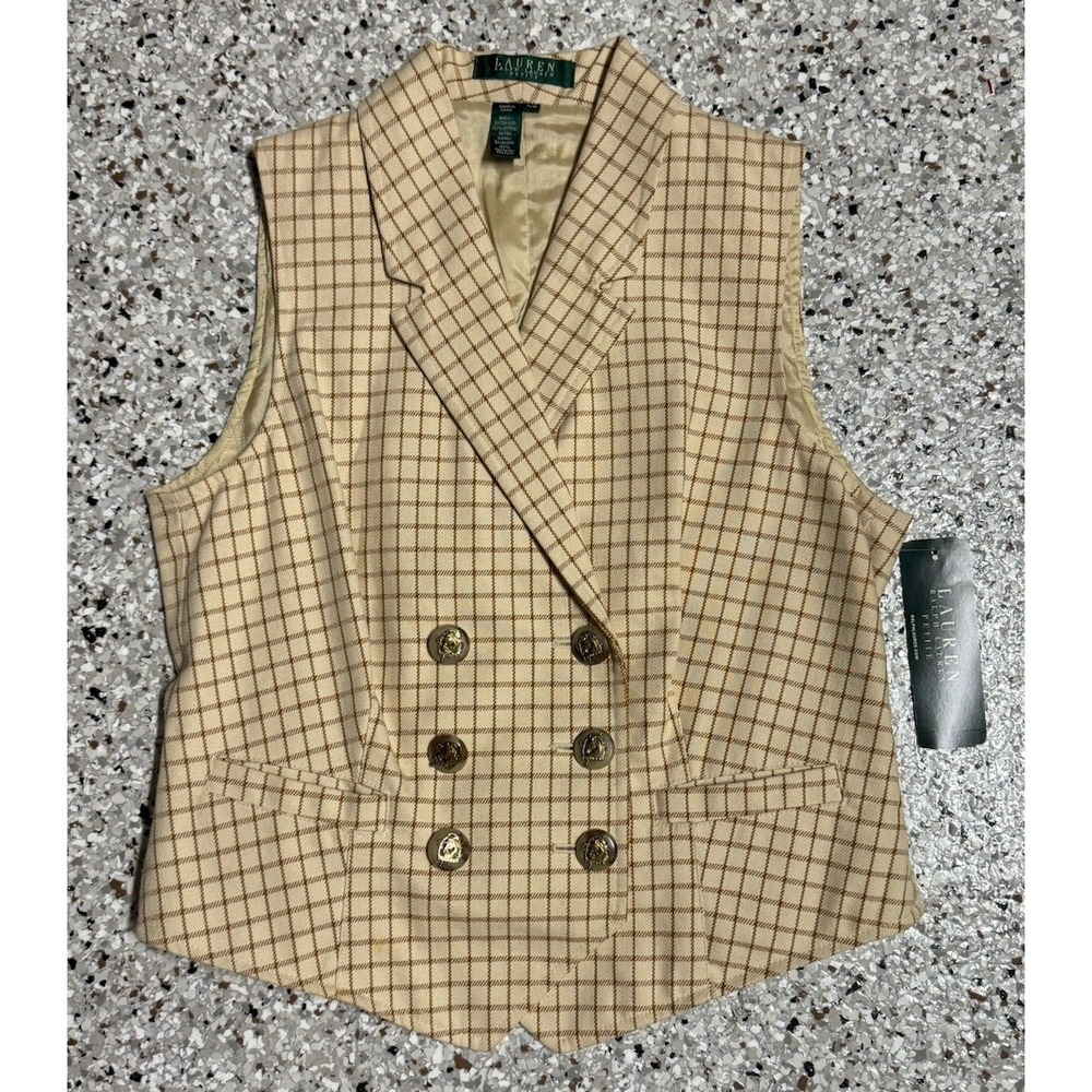 Ralph Lauren Equestrian Plaid Double Breast Horse Buttons Riding Vest PM NWT